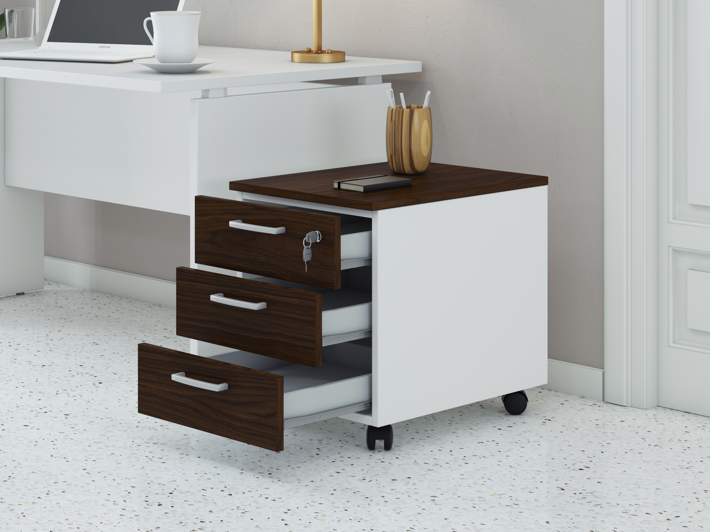 Cassettiera da ufficio con Rotelle OFFICE, L 42 x P 56 x H 51 cm (Noce Scuro)